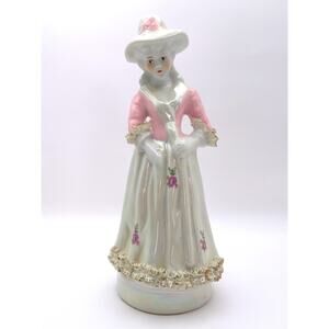 Vintage Iridescent Porcelain Lady Figurine Pink Dress Hat Roses 8" Tall